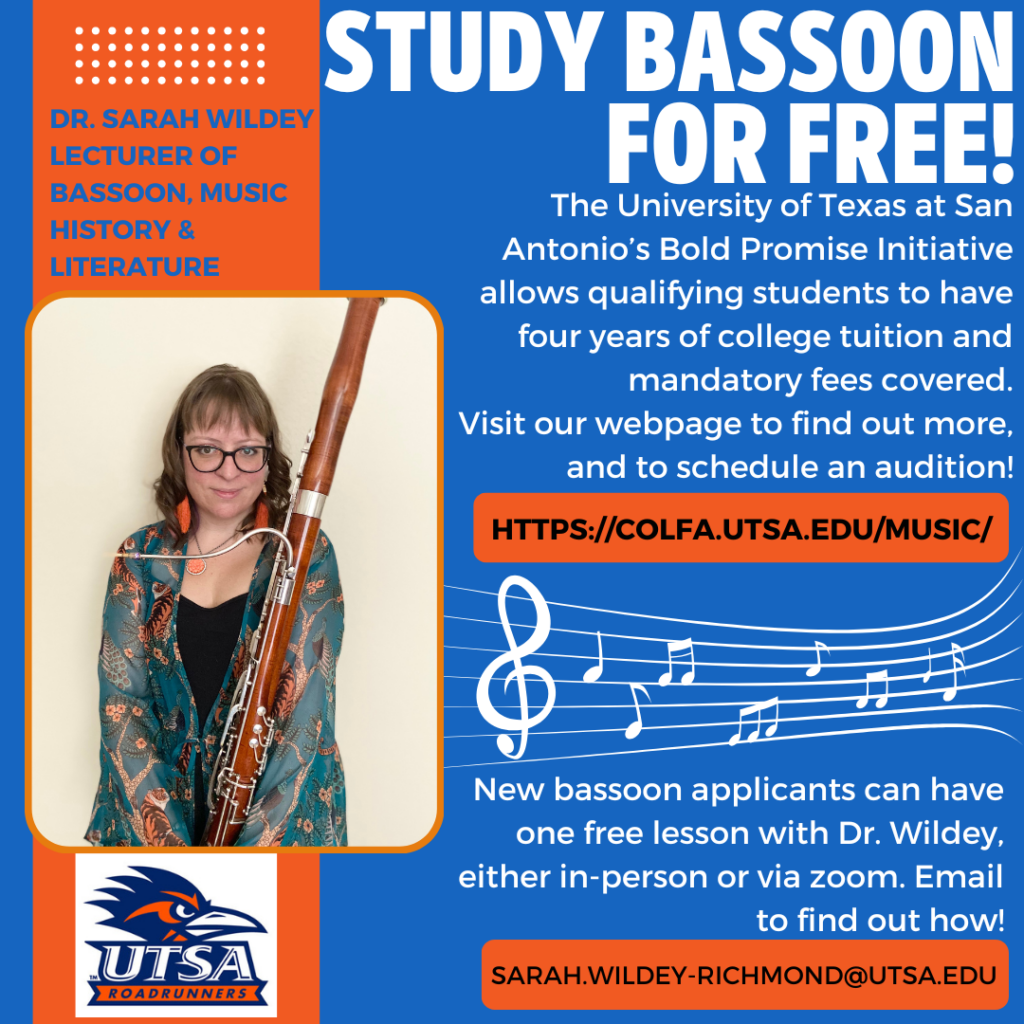 Poster about studying bassoon for free at UTSA.