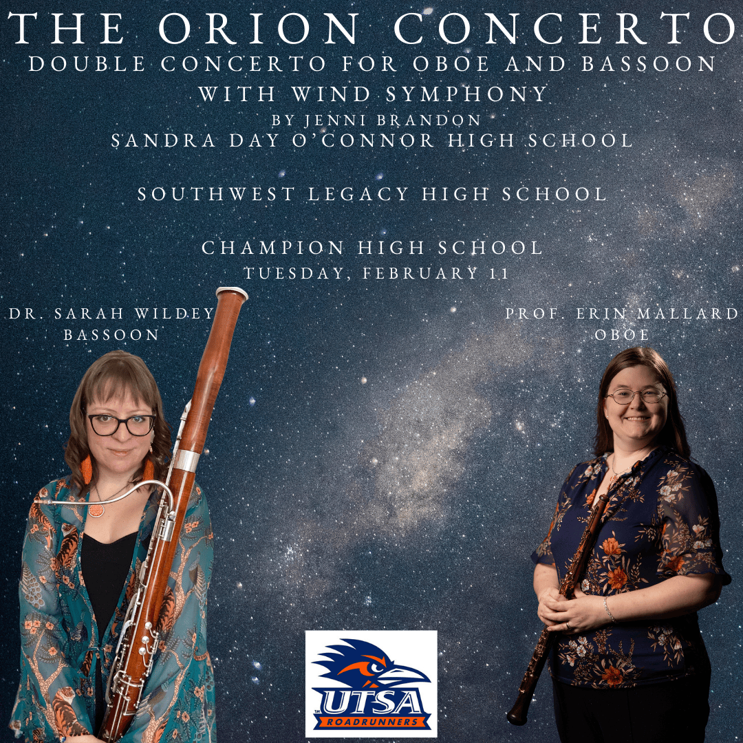 Concert flyer for Orion Concerto with a galaxy background. Features Sarah Wildey holding her bassoon and Erin Mallard holding her oboe. 